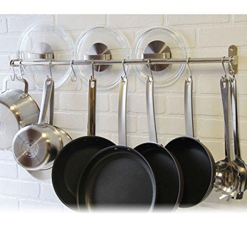 Tevizz Gourmet Kitchen Wall Mount Rail and Hooks Stainless Steel Pot Pan Lid Holder Rack