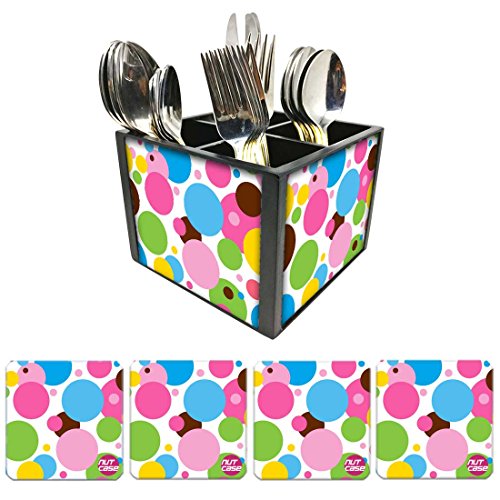 Nutcase Designer Flatware Cutlery Stand Holder Silverware Caddy-Spoons Forks Knives Organizer With Matching Metal Coasters - Colorful Polka Dots