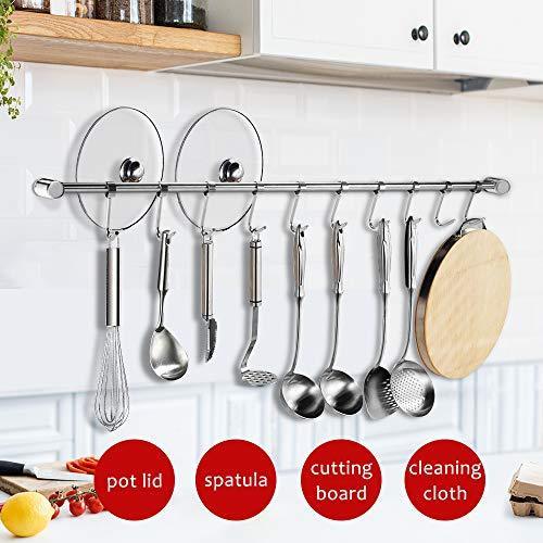 Explore nidouillet kitchen rail wall mounted utensil racks with 10 stainless steel sliding hooks for kitchen tool pot lid pan towel ab005