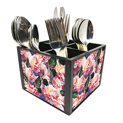 Nutcase Designer Cutlery Stand Holder Silverware Caddy-Spoons Forks Knives Organizer for Dining Table & kitchen W-5.75"x H -4.25"x L-5.5" - Vintage Pink Rose