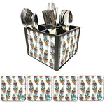 Nutcase Designer Flatware Cutlery Stand Holder Silverware Caddy-Spoons Forks Knives Organizer With Matching Metal Coasters - Multi Color Feathers