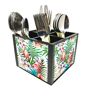 Nutcase Designer Cutlery Stand Holder Silverware Caddy-Spoons Forks Knives Organizer for Dining Table & kitchen W-5.75"x H -4.25"x L-5.5" - Flamingoes With Leaves