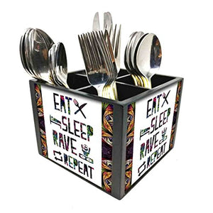 Nutcase Designer Cutlery Stand Holder Silverware Caddy-Spoons Forks Knives Organizer for Dining Table & kitchen W-5.75"x H -4.25"x L-5.5" - Eat Sleep Rave Repeat With Pattern