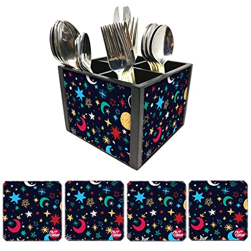 Nutcase Designer Flatware Cutlery Stand Holder Silverware Caddy-Spoons Forks Knives Organizer With Matching Metal Coasters - Stars