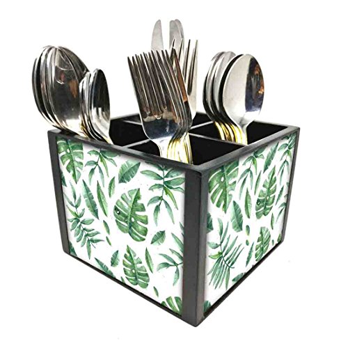 Nutcase Designer Cutlery Stand Holder Silverware Caddy-Spoons Forks Knives Organizer for Dining Table & kitchen W-5.75"x H -4.25"x L-5.5" - Happy Leaves