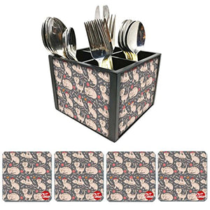 Nutcase Designer Flatware Cutlery Stand Holder Silverware Caddy-Spoons Forks Knives Organizer With Matching Metal Coasters - Cute Cat