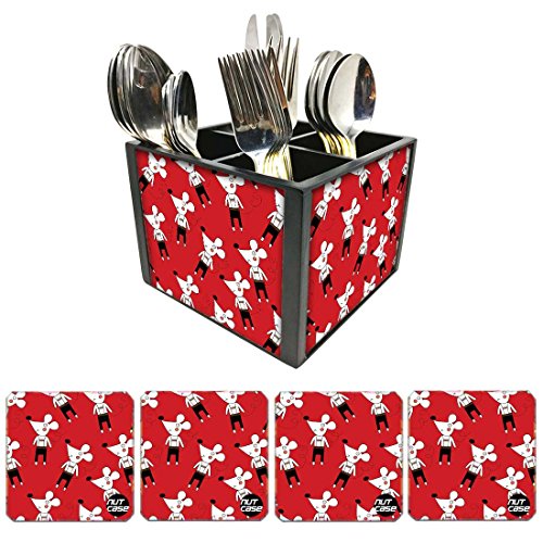 Nutcase Designer Flatware Cutlery Stand Holder Silverware Caddy-Spoons Forks Knives Organizer With Matching Metal Coasters - Cute Mouse