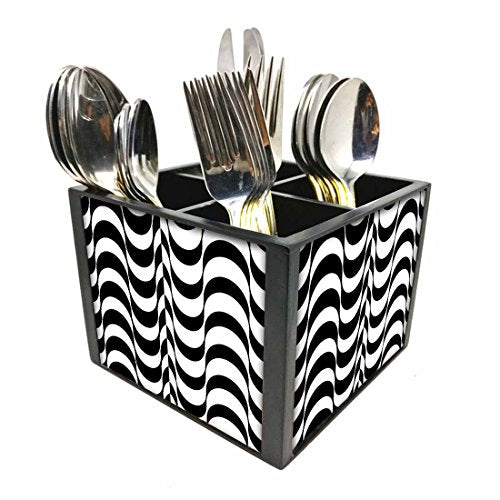 Nutcase Designer Cutlery Stand Holder Silverware Caddy-Spoons Forks Knives Organizer for Dining Table & kitchen W-5.75"x H -4.25"x L-5.5" - Black Waves
