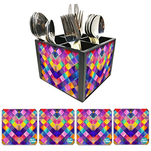 Nutcase Designer Flatware Cutlery Stand Holder Silverware Caddy-Spoons Forks Knives Organizer With Matching Metal Coasters - Colorful Checkbox