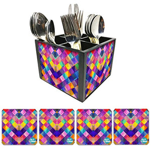 Nutcase Designer Flatware Cutlery Stand Holder Silverware Caddy-Spoons Forks Knives Organizer With Matching Metal Coasters - Colorful Checkbox