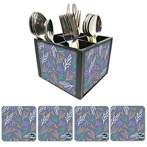 Nutcase Designer Flatware Cutlery Stand Holder Silverware Caddy-Spoons Forks Knives Organizer With Matching Metal Coasters - Beautiful Twigs