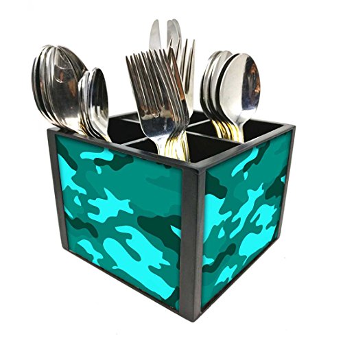 Nutcase Designer Cutlery Stand Holder Silverware Caddy-Spoons Forks Knives Organizer for Dining Table & kitchen -W-5.75"x H -4.25"x L-5.5"-SPOONS NOT INCLUDED - Sea Blue Army Camouflage