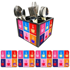 Nutcase Designer Flatware Cutlery Stand Holder Silverware Caddy-Spoons Forks Knives Organizer With Matching Metal Coasters - Chai Time