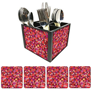 Nutcase Designer Flatware Cutlery Stand Holder Silverware Caddy-Spoons Forks Knives Organizer With Matching Metal Coasters - Dark Pink Marble Dots