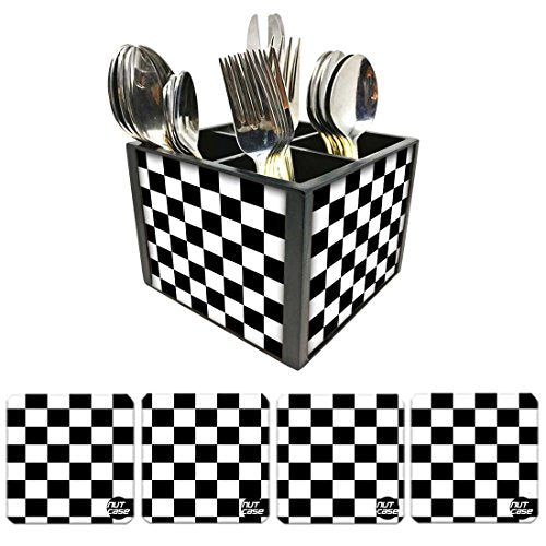 Nutcase Designer Flatware Cutlery Stand Holder Silverware Caddy-Spoons Forks Knives Organizer With Matching Metal Coasters - Chess