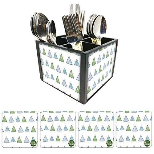 Nutcase Designer Flatware Cutlery Stand Holder Silverware Caddy-Spoons Forks Knives Organizer With Matching Metal Coasters - Green Woods Triangles