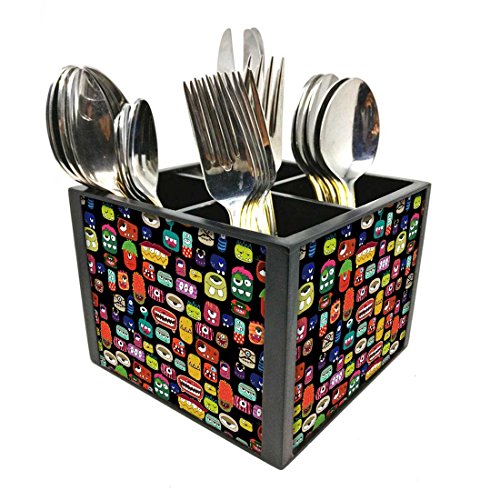 Nutcase Designer Cutlery Stand Holder Silverware Caddy-Spoons Forks Knives Organizer for Dining Table & kitchen -W-5.75"x H -4.25"x L-5.5"-SPOONS NOT INCLUDED - Cute Monsters Face