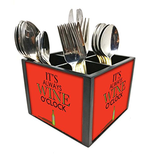 Nutcase Designer Cutlery Stand Holder Silverware Caddy-Spoons Forks Knives Organizer for Dining Table & kitchen -W-5.75"x H -4.25"x L-5.5"-SPOONS NOT INCLUDED - Its Always Wine O'Clock Red