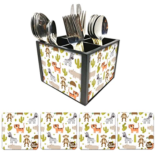 Nutcase Designer Flatware Cutlery Stand Holder Silverware Caddy-Spoons Forks Knives Organizer With Matching Metal Coasters - Cat And Cactus