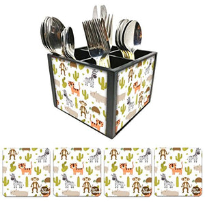 Nutcase Designer Flatware Cutlery Stand Holder Silverware Caddy-Spoons Forks Knives Organizer With Matching Metal Coasters - Cat And Cactus