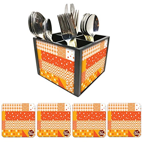 Nutcase Designer Flatware Cutlery Stand Holder Silverware Caddy-Spoons Forks Knives Organizer With Matching Metal Coasters - Orange Prints