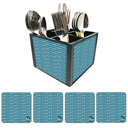 Nutcase Designer Flatware Cutlery Stand Holder Silverware Caddy-Spoons Forks Knives Organizer With Matching Metal Coasters - White Blue Arrows