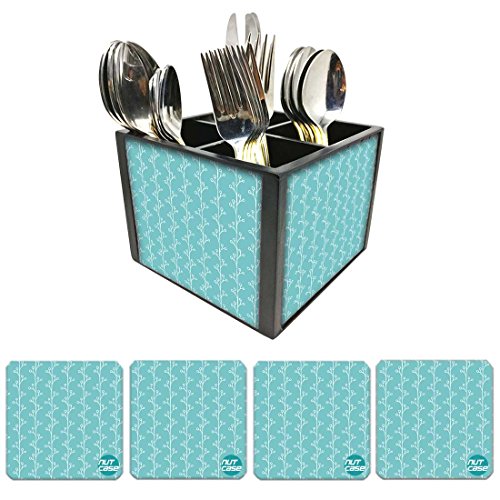 Nutcase Designer Flatware Cutlery Stand Holder Silverware Caddy-Spoons Forks Knives Organizer With Matching Metal Coasters - Arrow Ends - Teal