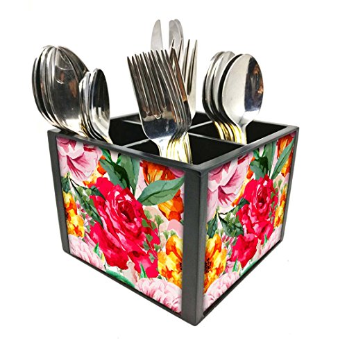 Nutcase Designer Cutlery Stand Holder Silverware Caddy-Spoons Forks Knives Organizer for Dining Table & kitchen W-5.75"x H -4.25"x L-5.5" - Roses