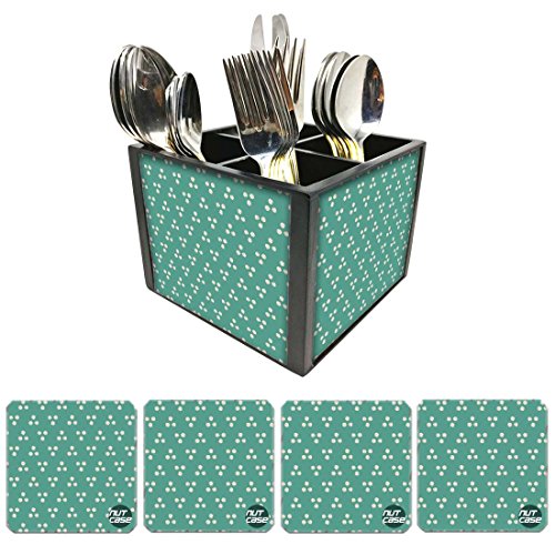 Nutcase Designer Flatware Cutlery Stand Holder Silverware Caddy-Spoons Forks Knives Organizer With Matching Metal Coasters - Dots - Green