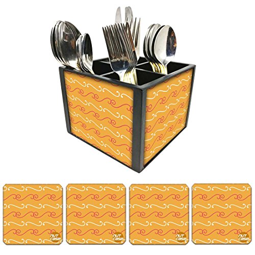 Nutcase Designer Flatware Cutlery Stand Holder Silverware Caddy-Spoons Forks Knives Organizer With Matching Metal Coasters - Ethnic Pattern Orange