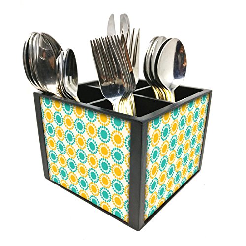 Nutcase Designer Cutlery Stand Holder Silverware Caddy-Spoons Forks Knives Organizer for Dining Table & kitchen W-5.75"x H -4.25"x L-5.5" - Colorful Flowers Design