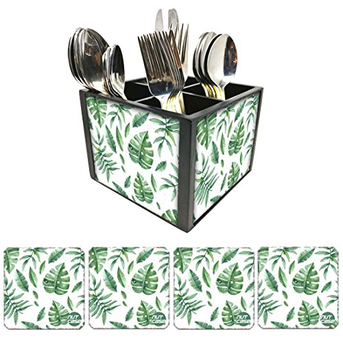 Nutcase Designer Flatware Cutlery Stand Holder Silverware Caddy-Spoons Forks Knives Organizer With Matching Metal Coasters - Happy Leaves