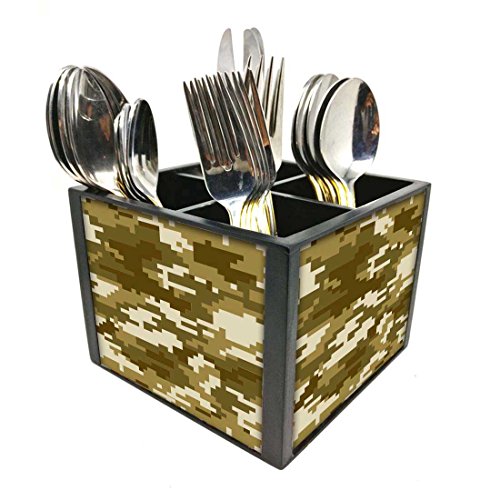 Nutcase Designer Cutlery Stand Holder Silverware Caddy-Spoons Forks Knives Organizer for Dining Table & kitchen -W-5.75"x H -4.25"x L-5.5"-SPOONS NOT INCLUDED - 8 Bit Camo Desert Storm