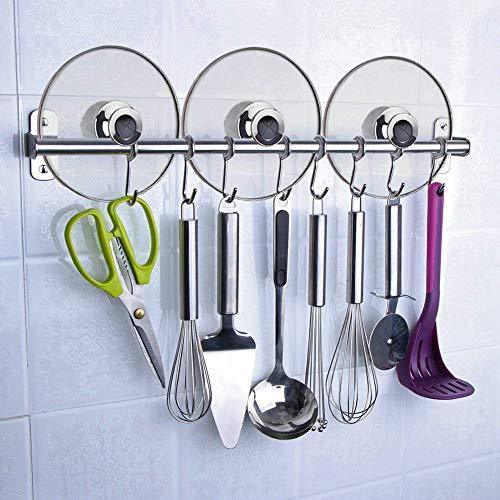 Featured tevizz kitchen utensil rack wall mounted hanger space saver stainless steel rack rail storage organizer kitchen tools for hanging knives spoon pot and pan with removable s hooks