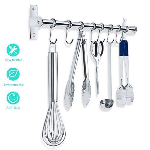 Budget friendly lesfit utensil rack kitchen wall mounted stainless steel rack rail for hanging knives pot and pan with 8 removable hooks 20 inches