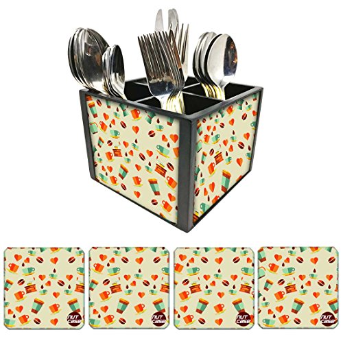 Nutcase Designer Flatware Cutlery Stand Holder Silverware Caddy-Spoons Forks Knives Organizer With Matching Metal Coasters - Cups Of Tea