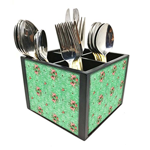 Nutcase Designer Cutlery Stand Holder Silverware Caddy-Spoons Forks Knives Organizer for Dining Table & kitchen -W-5.75"x H -4.25"x L-5.5"-SPOONS NOT INCLUDED - Damask Shabby Chic Roses