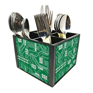 Nutcase Designer Cutlery Stand Holder Silverware Caddy-Spoons Forks Knives Organizer for Dining Table & kitchen -W-5.75"x H -4.25"x L-5.5"-SPOONS NOT INCLUDED - Circuit Board Green Color