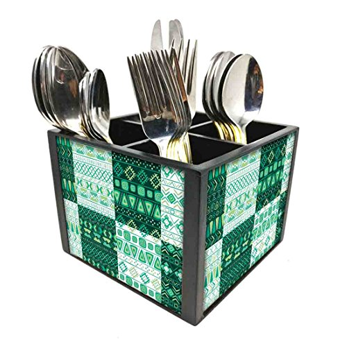 Nutcase Designer Cutlery Stand Holder Silverware Caddy-Spoons Forks Knives Organizer for Dining Table & kitchen W-5.75"x H -4.25"x L-5.5" - Aztec Pattern Green