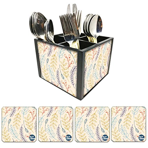 Nutcase Designer Flatware Cutlery Stand Holder Silverware Caddy-Spoons Forks Knives Organizer With Matching Metal Coasters - Leaves And Branches - Colorful