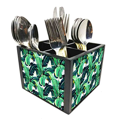Nutcase Designer Cutlery Stand Holder Silverware Caddy-Spoons Forks Knives Organizer for Dining Table & kitchen W-5.75"x H -4.25"x L-5.5" - Banana Leaves