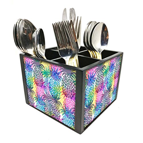 Nutcase Designer Cutlery Stand Holder Silverware Caddy-Spoons Forks Knives Organizer for Dining Table & kitchen -W-5.75"x H -4.25"x L-5.5"-SPOONS NOT INCLUDED - Colorful Pineapple