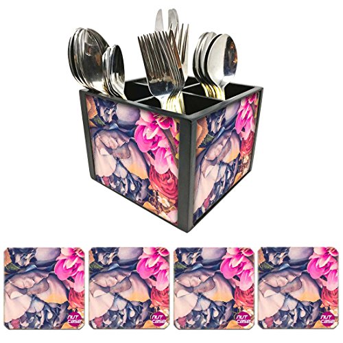 Nutcase Designer Flatware Cutlery Stand Holder Silverware Caddy-Spoons Forks Knives Organizer With Matching Metal Coasters - Watercolor Flower