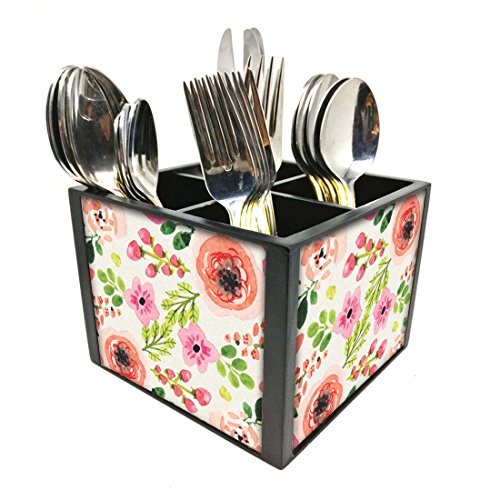 Nutcase Designer Cutlery Stand Holder Silverware Caddy-Spoons Forks Knives Organizer for Dining Table & kitchen W-5.75"x H -4.25"x L-5.5" - Baby Flower