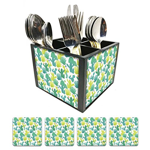 Nutcase Designer Flatware Cutlery Stand Holder Silverware Caddy-Spoons Forks Knives Organizer With Matching Metal Coasters - Cactus Print Green