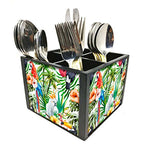 Nutcase Designer Cutlery Stand Holder Silverware Caddy-Spoons Forks Knives Organizer for Dining Table & kitchen W-5.75"x H -4.25"x L-5.5" - Parrot With Leaves
