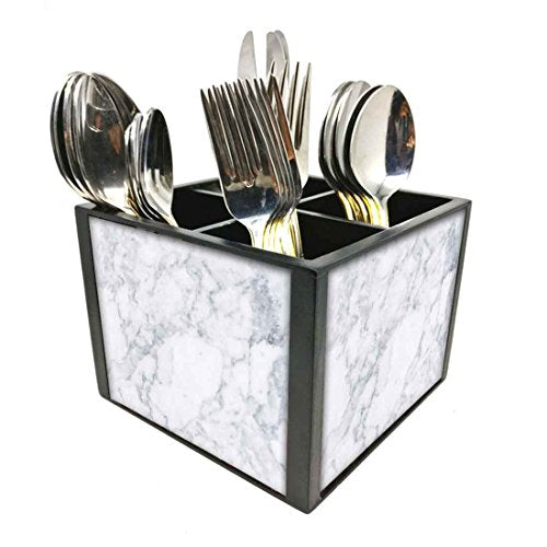 Nutcase Designer Cutlery Stand Holder Flatware Caddy-Spoons Forks Knives Organizer for Dining Table & kitchen W-5.75"x H -4.25"x L-5.5" - White Marble