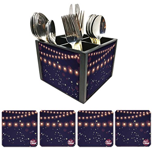 Nutcase Designer Flatware Cutlery Stand Holder Silverware Caddy-Spoons Forks Knives Organizer With Matching Metal Coasters - Sweet Lights