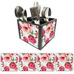 Nutcase Designer Flatware Cutlery Stand Holder Silverware Caddy-Spoons Forks Knives Organizer With Matching Metal Coasters - Hibiscus With White Background