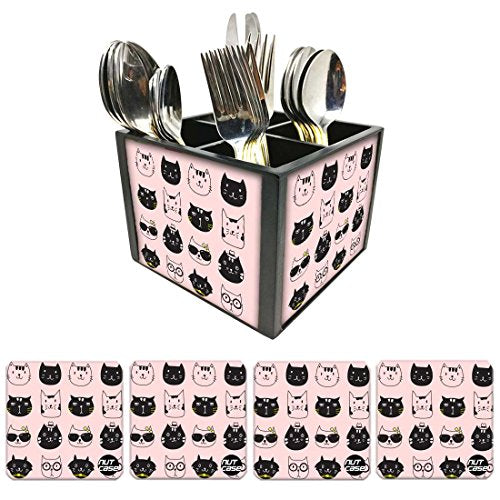 Nutcase Designer Flatware Cutlery Stand Holder Silverware Caddy-Spoons Forks Knives Organizer With Matching Metal Coasters - Pastels Cats